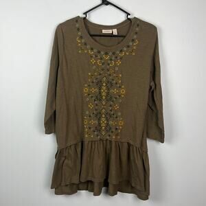 LOGO Lori Goldstein embroidered scoop neck ruffle bottom top size XL